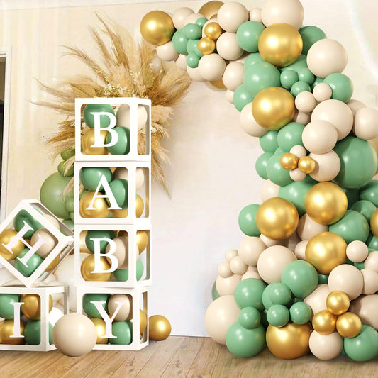 Peo dekoratsioonikomplekt – läbipaistvad õhupallikastid ja õhupallid, roheline-kuldne (172 osa)