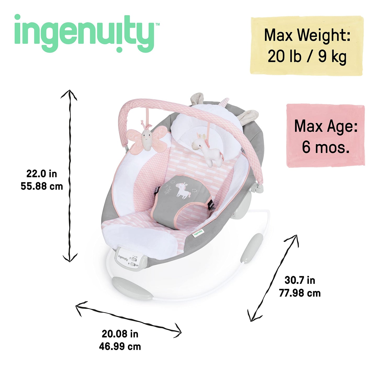 Ingenuity beebikiik Soothing Bouncer - Flora The Unicorn vibratsiooni ja helidega – 0–6 kuud, kuni 9 kg