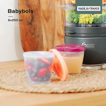 Babymoov beebitoidu säilitustopsid, 6 tk komplekt (240 ml), lekkekindlate silikoonkaantega