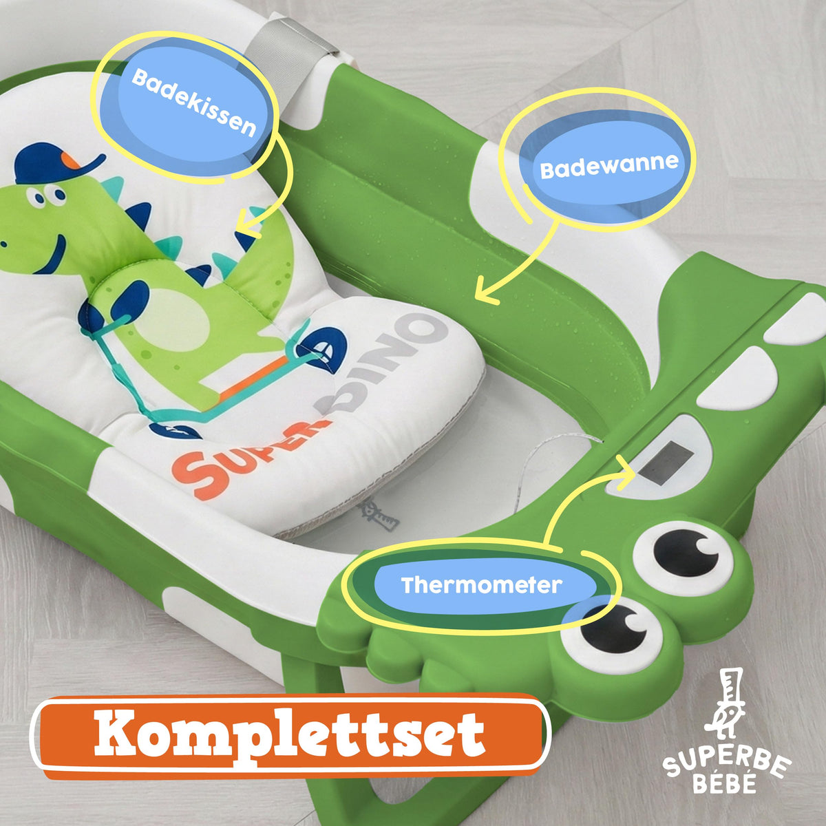 SUPERBE BEBE kokkupandav beebivann termomeetri ja vannipadjakuga, roheline, sünnist 3. eluaastani
