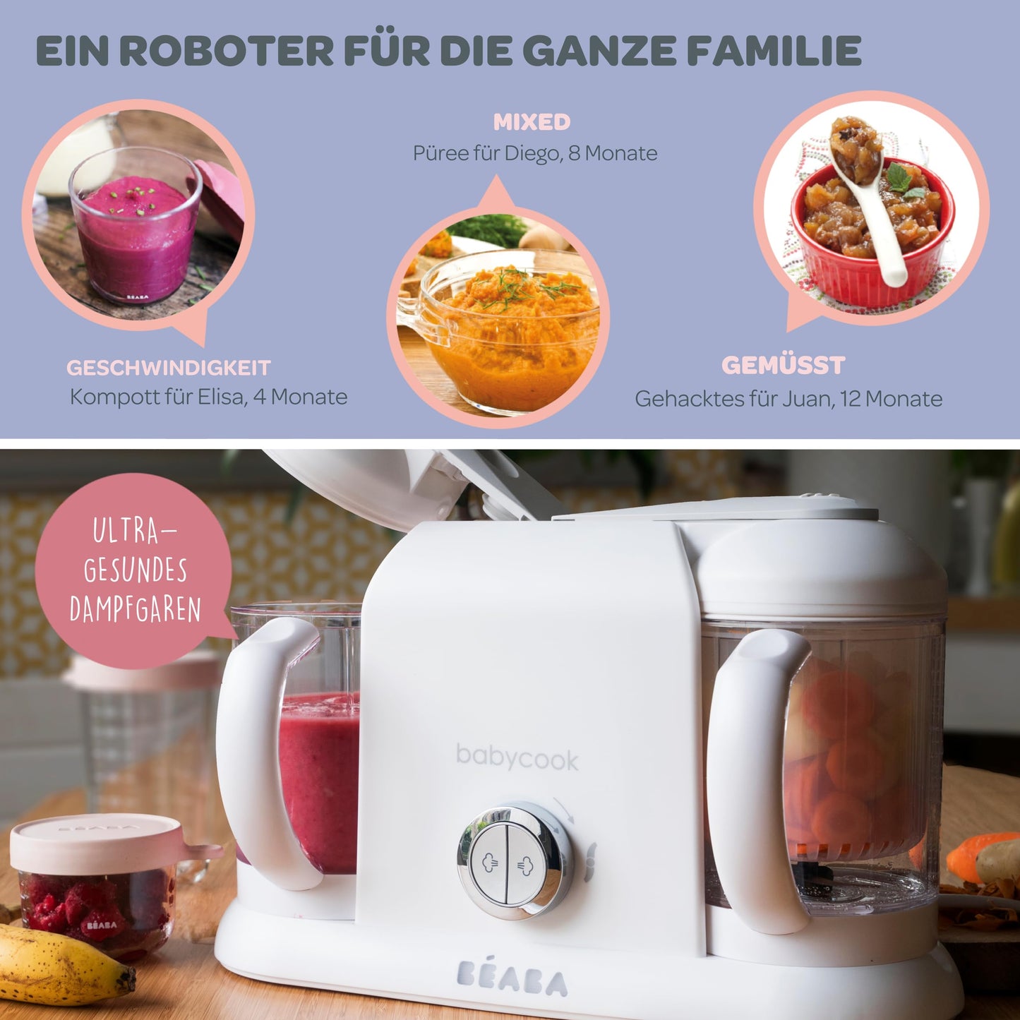 Béaba Babycook Duo 4-ühes beebitoidu valmistaja, valge/hõbedane, 2x200 ml, alates 4. elukuust