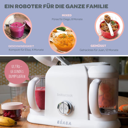 Béaba Babycook Duo 4-ühes beebitoidu valmistaja, valge/hõbedane, 2x200 ml, alates 4. elukuust