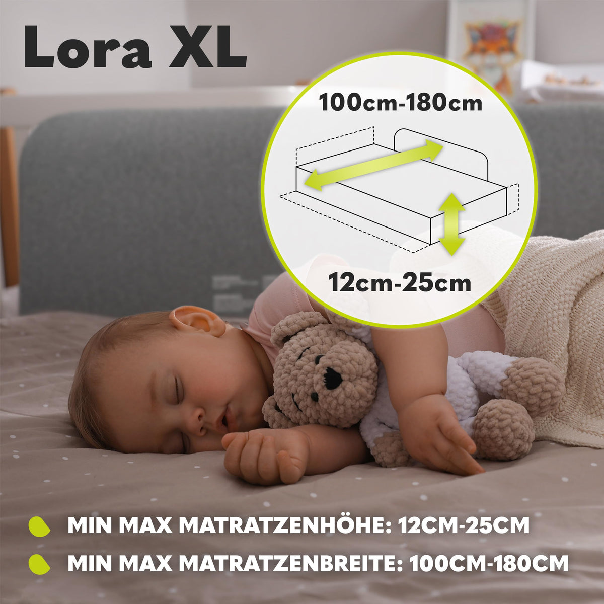 Lionelo Lora XL voodipiire vanemate voodile 150 cm, hall (18 kuud kuni 5 aastat)