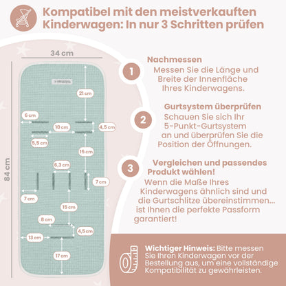 MIMUSELINA universaalne vankri istmepadi Waffle Mint, 34 × 84 cm