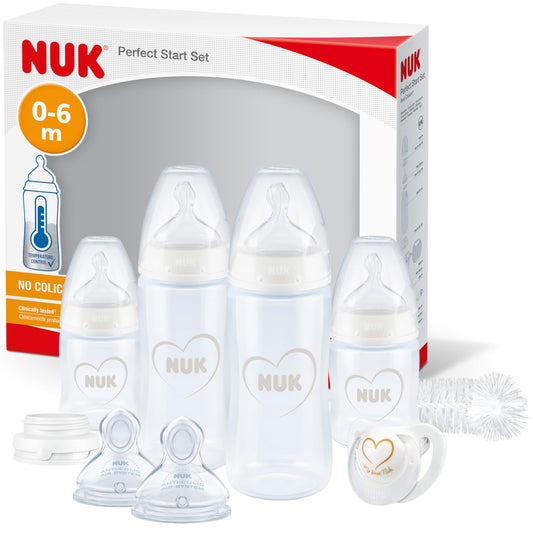 NUK First Choice+ Perfect Start beebipudelite komplekt, 0–6 kuud, südamekujundusega, valge