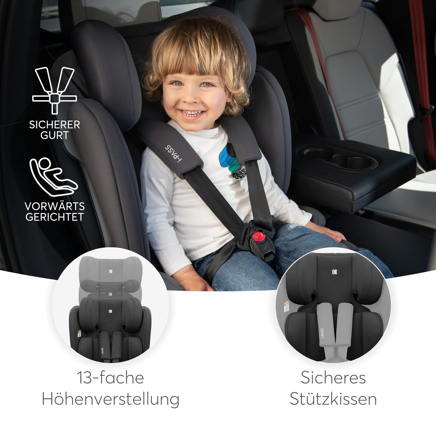 KikkaBoo i-PASS i-Size turvatool 9–36 kg (76–150 cm), must