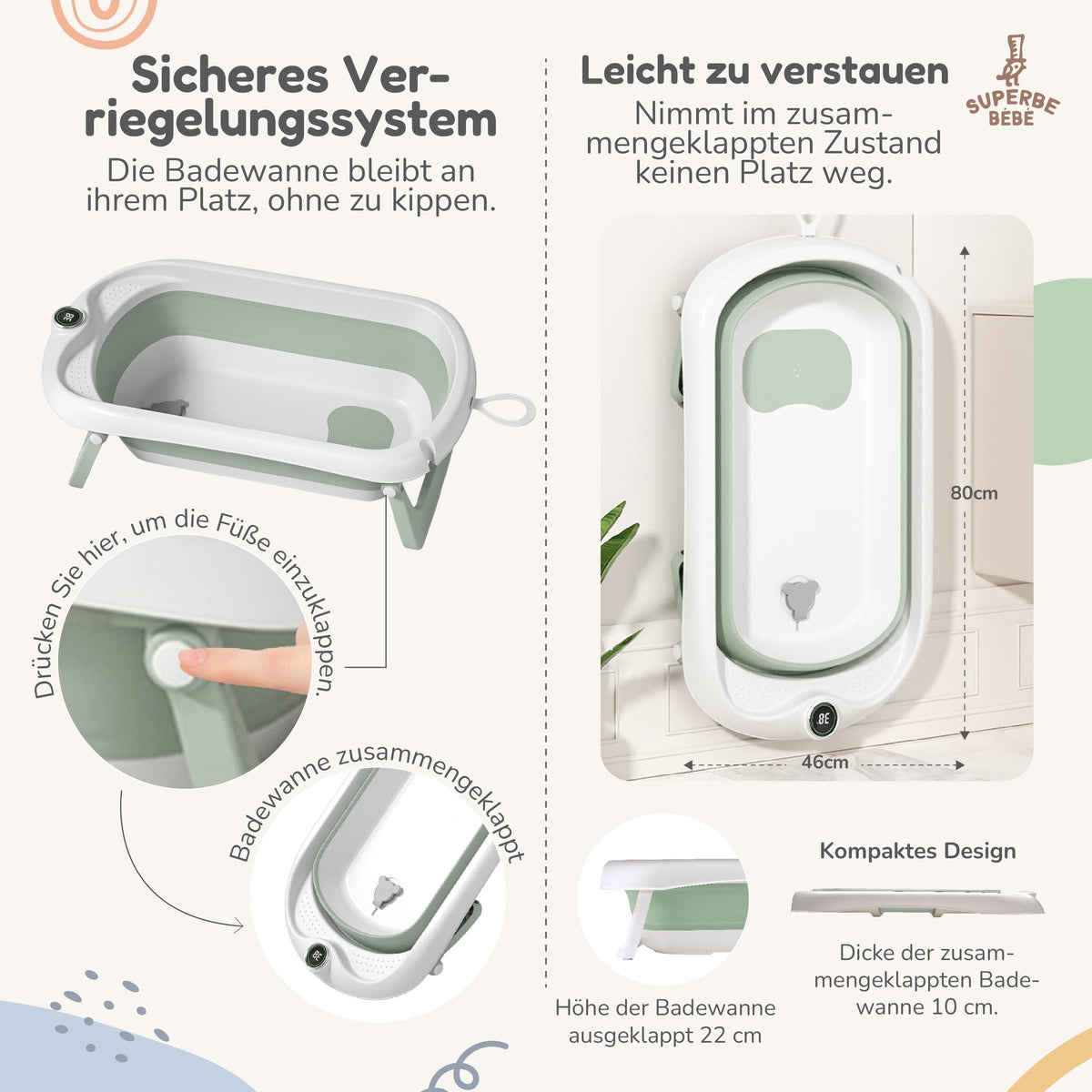 SUPERBE BEBE kokkupandav beebivann vanniistme ja digitaalse termomeetriga, roheline, 0–3 aastat