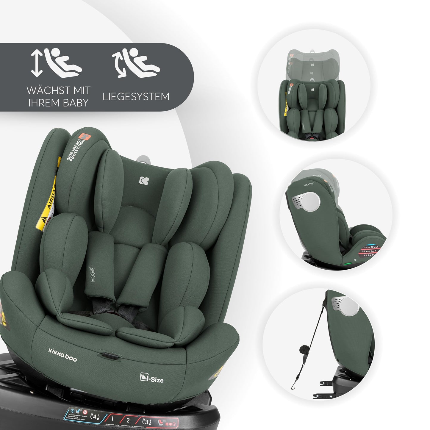 KikkaBoo i-MOOVE 2 i-Size turvatool 40–150 cm ISOFIX ja 360° pööratav – armee roheline