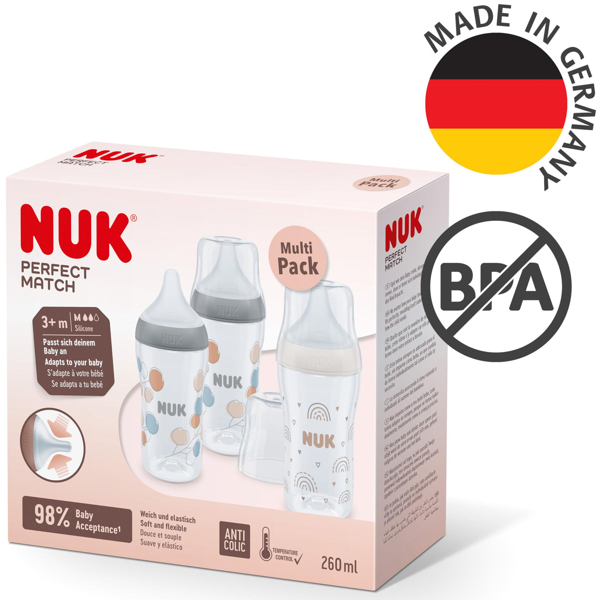 NUK Perfect Match lutipudelite komplekt, 260 ml, 3 tk, 3+ kuud, Temperature Control, Anti-Colic
