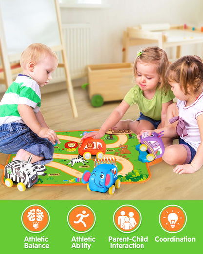 Vanmor baby ride-on car set with animal-shaped cars and music mat, 12+ months