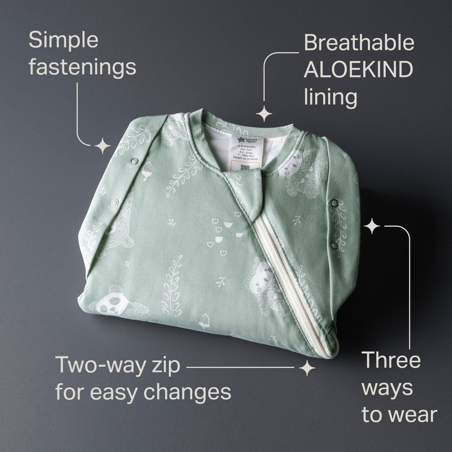 Tommee Tippee vastsündinu mähkimiskott (swaddle) 0–3 kuud, TOG 1.0 – Woodland Grofriends