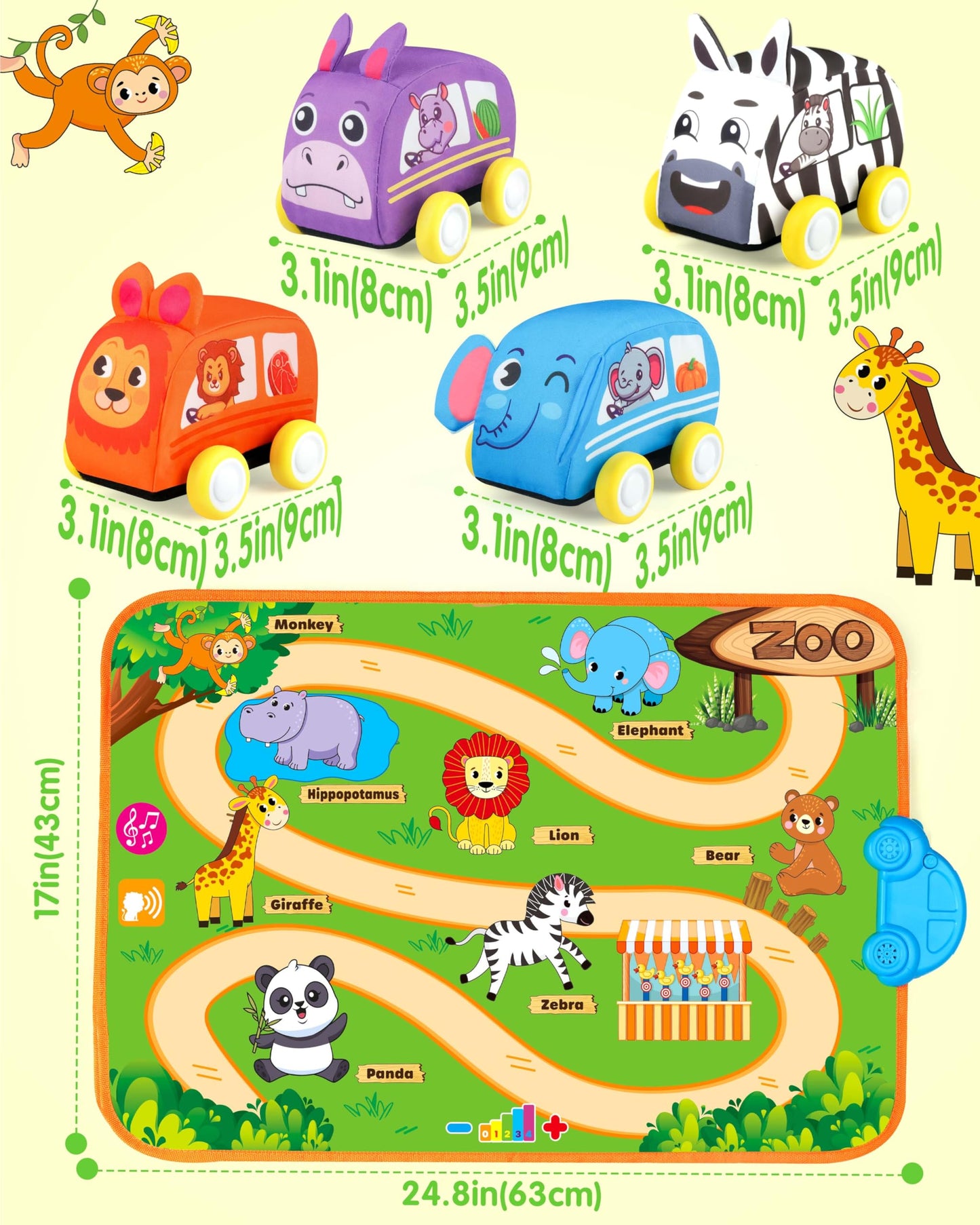 Vanmor baby ride-on car set with animal-shaped cars and music mat, 12+ months