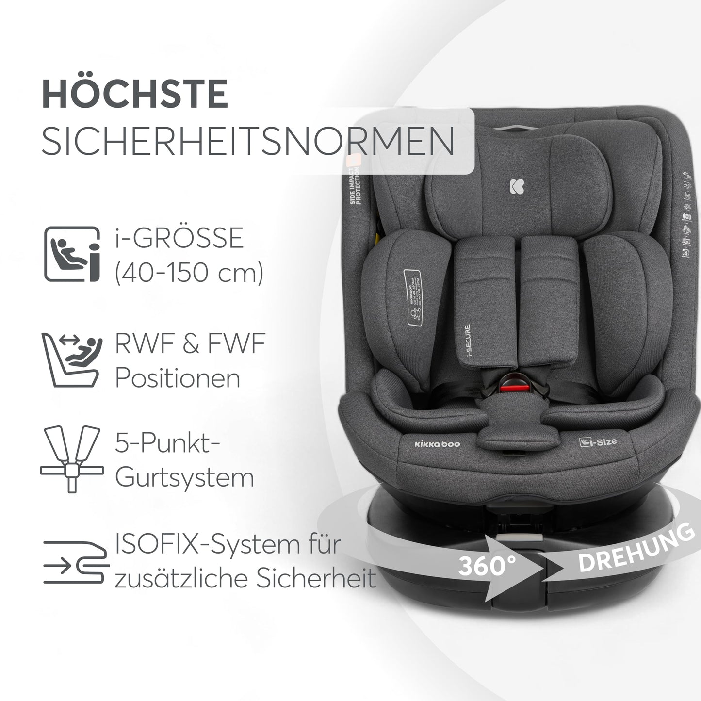 KikkaBoo i-SECURE 360° pöörlev turvatool 0–36 kg / 40–150 cm, tumehall