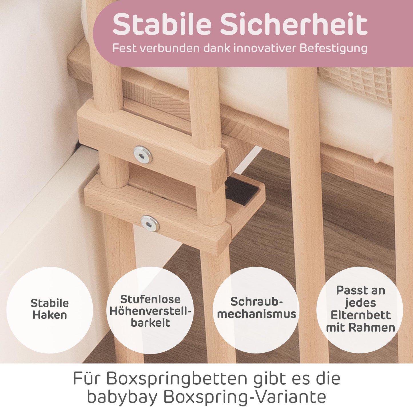 babybay Original vooditasku pöögipuust, naturaalne + voodipehmendus (mesh), lina ja madrats