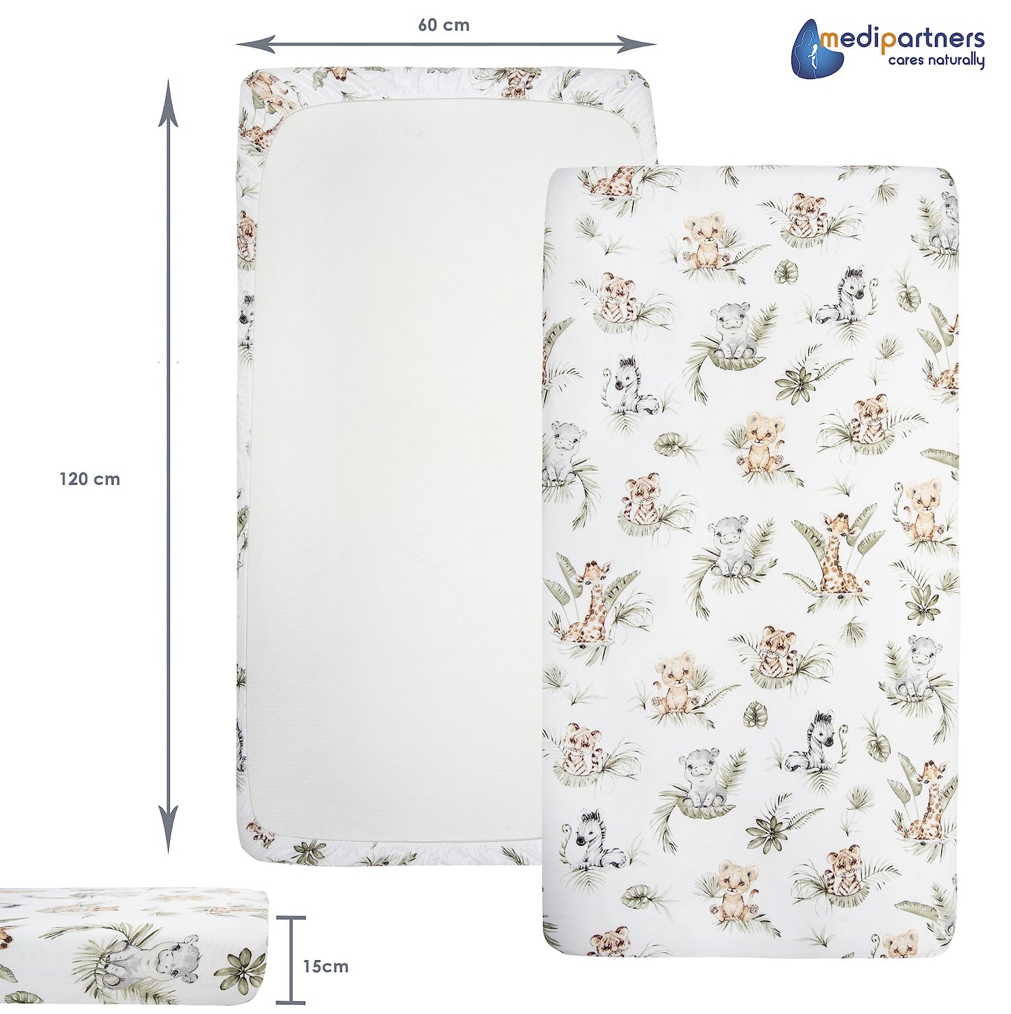 Medi Partners voodilina 60 x 120 cm, 3 tk, Safari-valge-hall, 100% puuvill