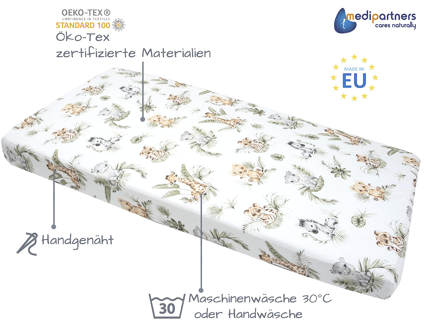 Medi Partners voodilina 60 x 120 cm, 3 tk, Safari-valge-hall, 100% puuvill
