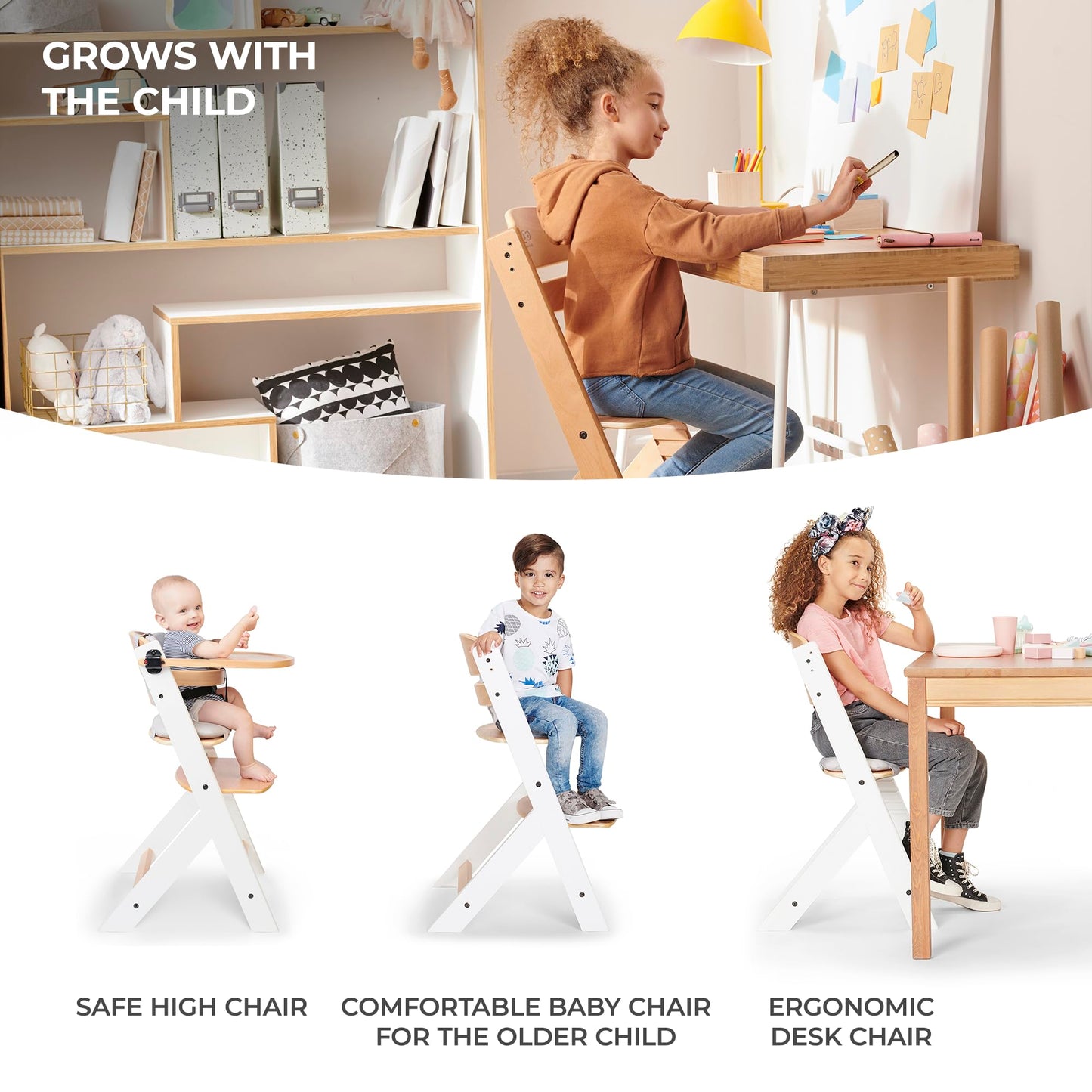 Kinderkraft ENOCK 3-in-1 puidust söögitool, puit ja valge