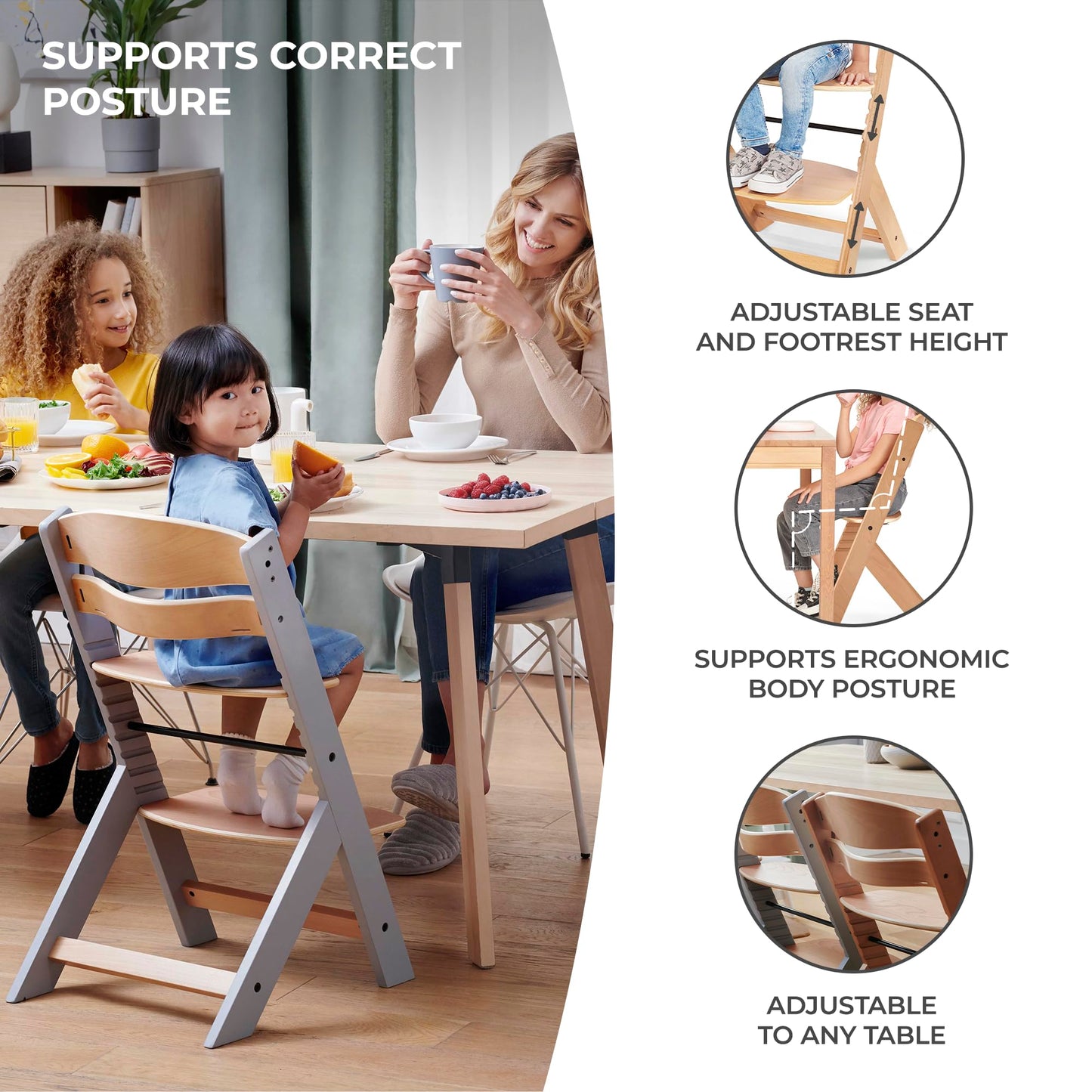 Kinderkraft ENOCK 3-in-1 puidust söögitool, puit ja valge