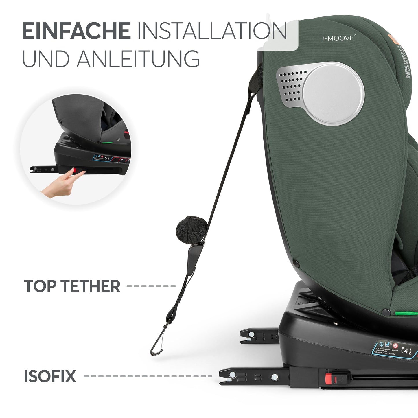 KikkaBoo i-MOOVE 2 i-Size turvatool 40–150 cm ISOFIX ja 360° pööratav – armee roheline