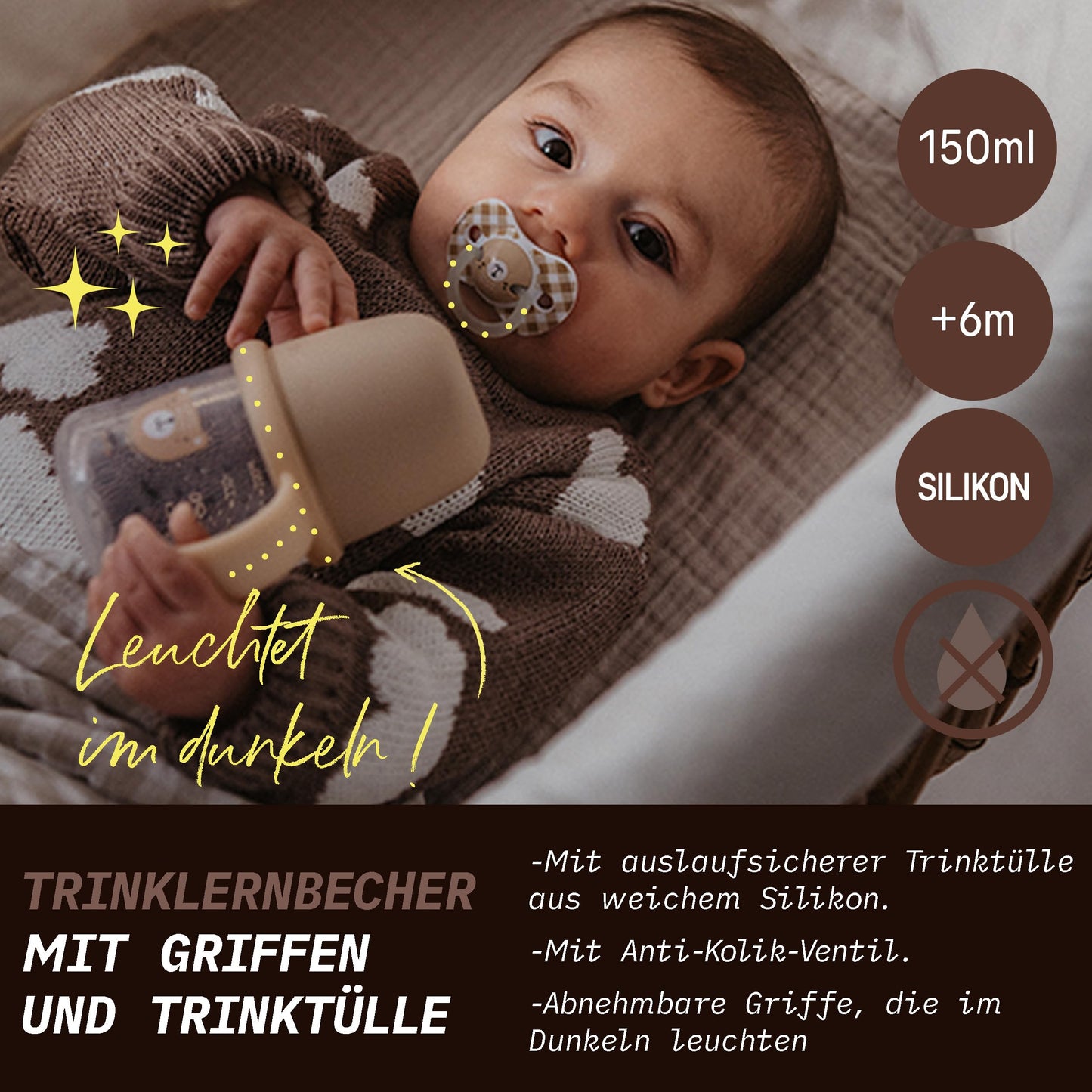 SUAVINEX treeningtass 150 ml, +6M, beige, helendavate käepidemete ja pehme silikoonotsikuga