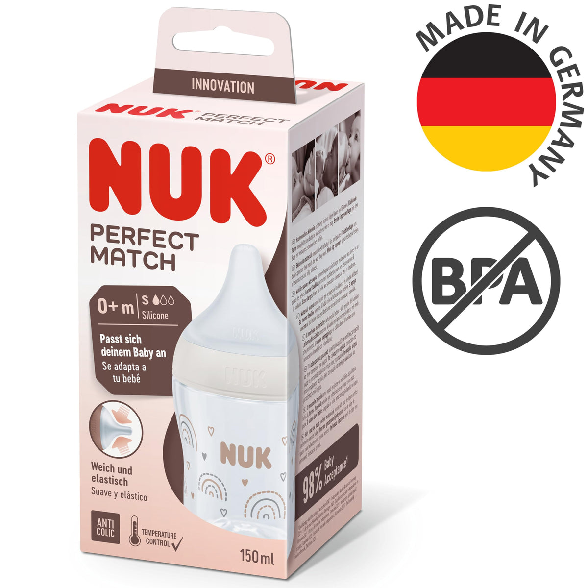 NUK Perfect Match lutipudel 150 ml, Rainbow (0+ kuud)