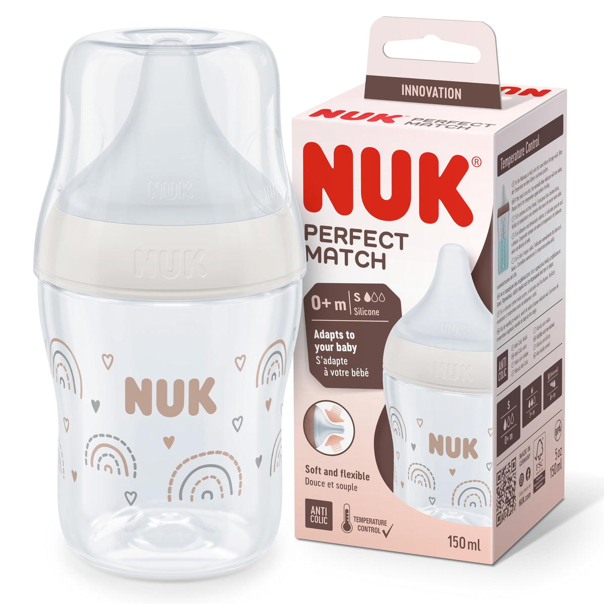 NUK Perfect Match lutipudel 150 ml, Rainbow (0+ kuud)