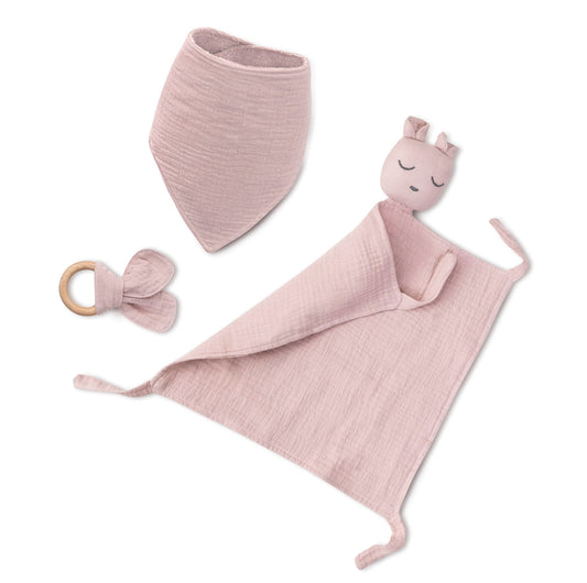 Interbaby gift set: doudou cuddly toy, baby bib, and teething ring, pink