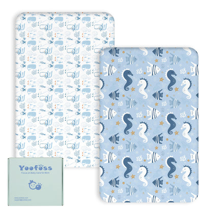 Yoofoss 2-osaline beebivoodi aluslinade komplekt, 70 × 140 cm, sinine merihobukeste mustriga