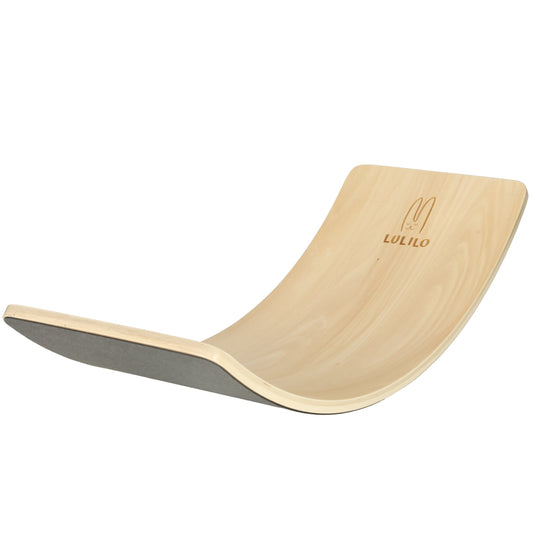 Montessori tasakaalulaud lastele, naturaalne puit halli vildiga (82 × 30 cm)