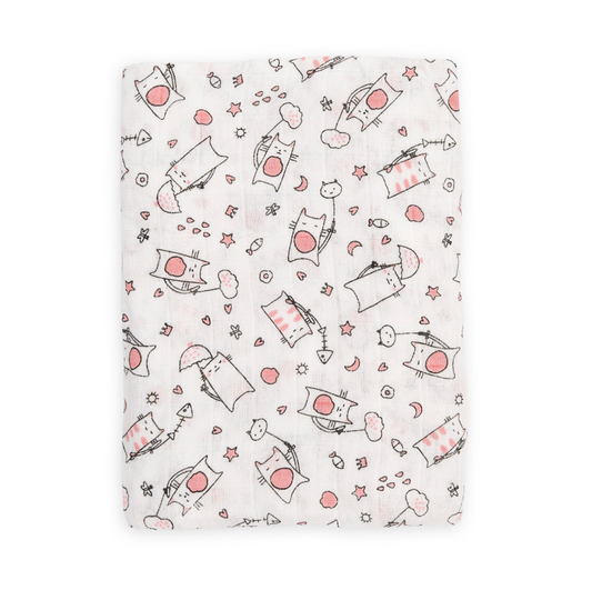 Ti TIN 100% puuvillane musliintekk beebidele “Cats” disainiga, 120 × 120 cm, roosa