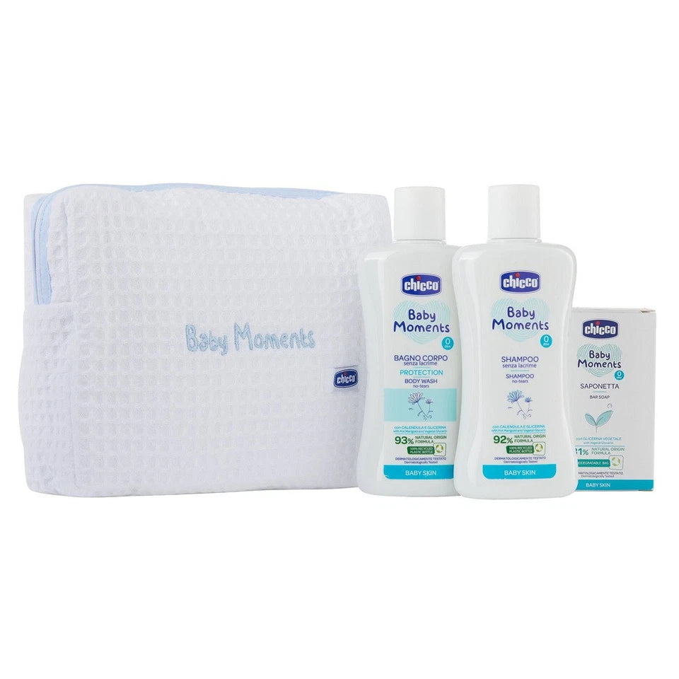 Chicco Baby Moments beebi vannikomplekt kosmeetikakotiga, 3 toodet, sinine
