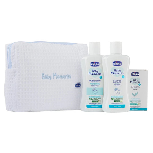 Chicco Baby Moments beebi vannikomplekt kosmeetikakotiga, 3 toodet, sinine